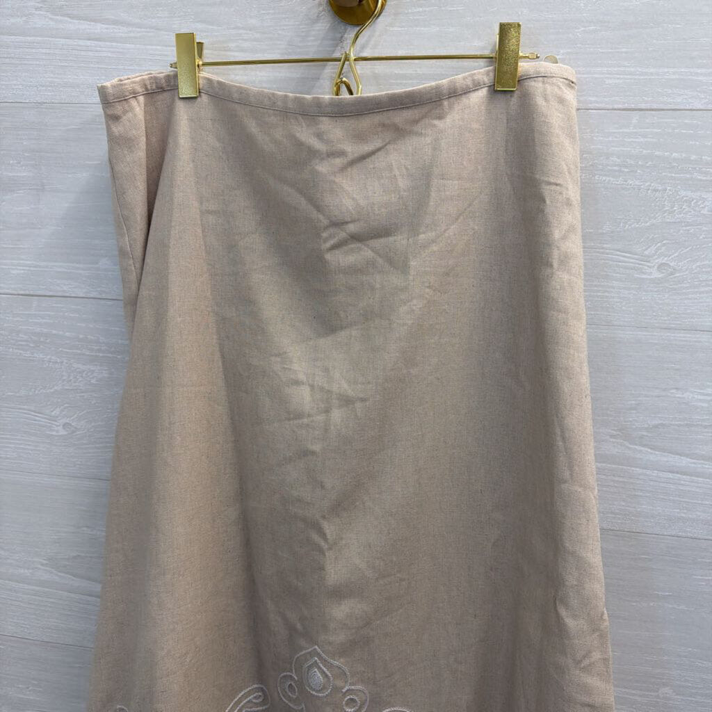 Vintage Carole Little Beige/ White Linen Blend Embroidered Detail Maxi Skirt 10
