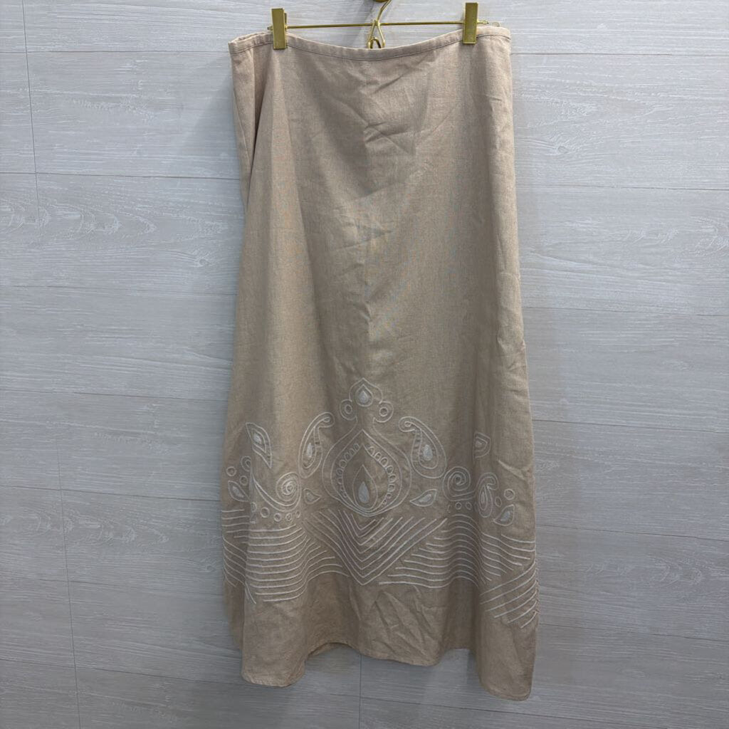 Vintage Carole Little Beige/ White Linen Blend Embroidered Detail Maxi Skirt 10