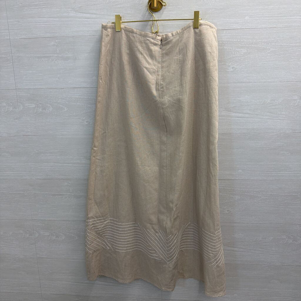 Vintage Carole Little Beige/ White Linen Blend Embroidered Detail Maxi Skirt 10