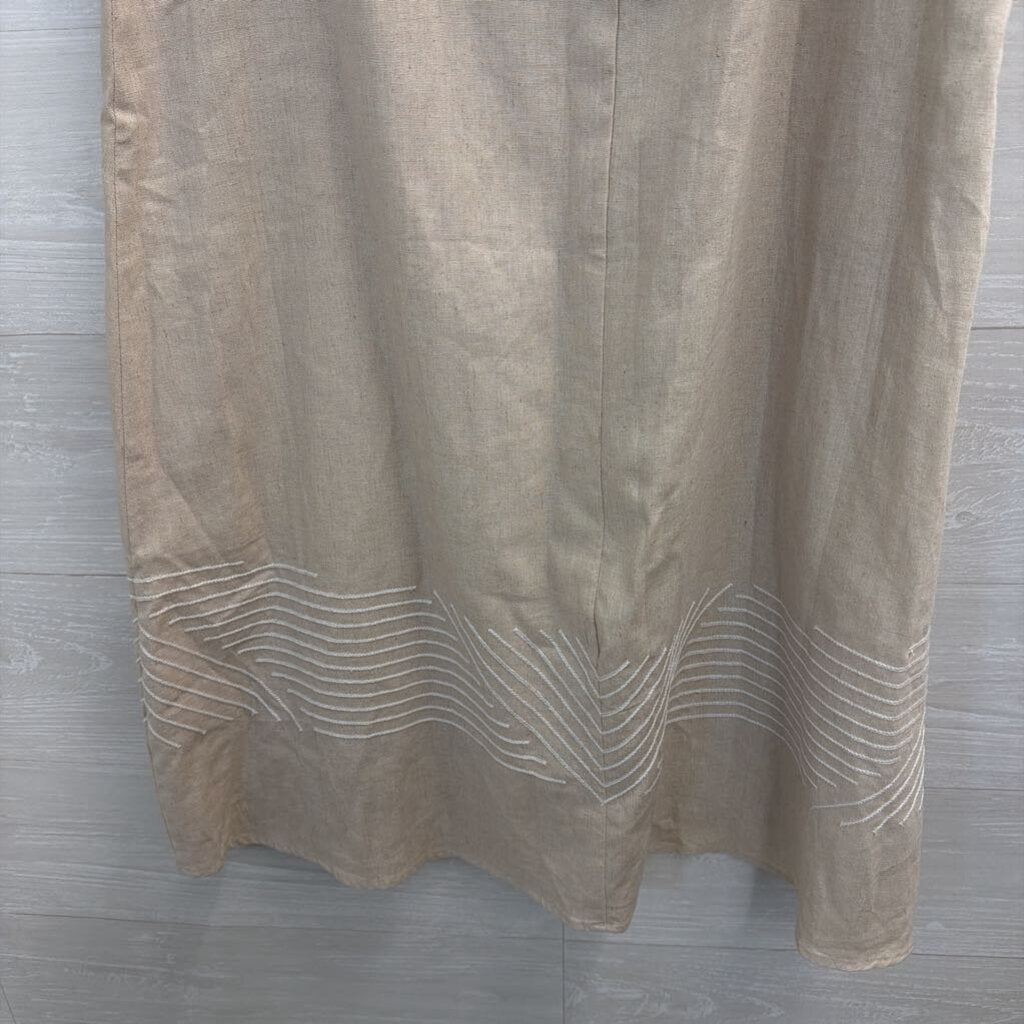 Vintage Carole Little Beige/ White Linen Blend Embroidered Detail Maxi Skirt 10