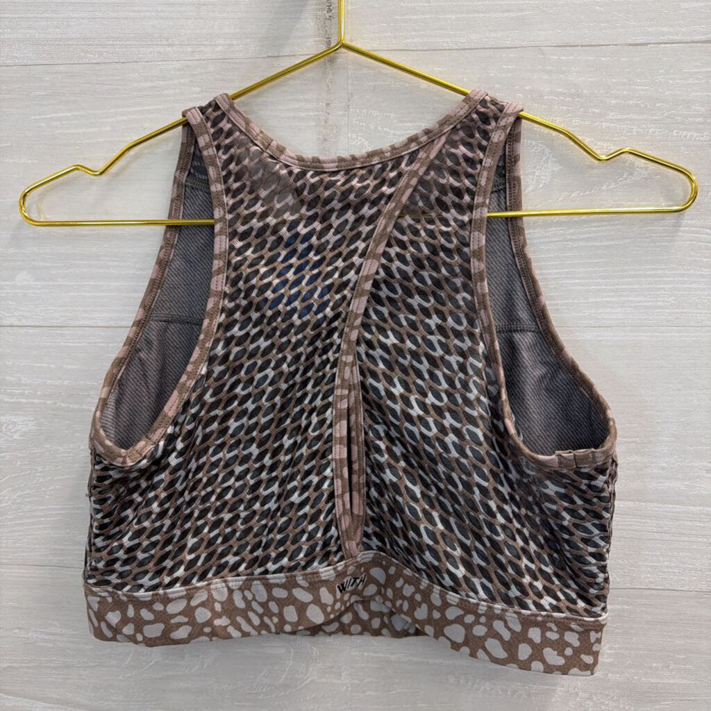 Wear It To Heart Peloton Brown/ Pink Print Cropped Athletic Top Large