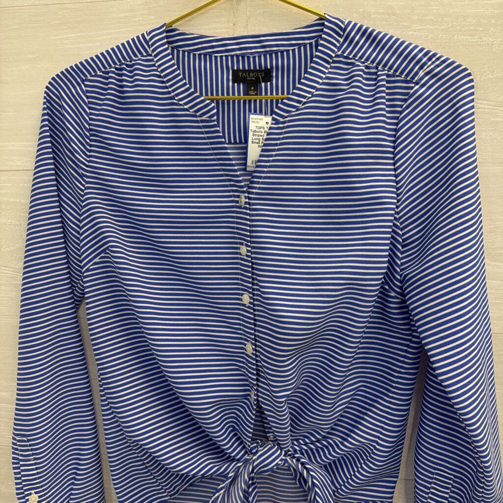Talbots Blue/ White Striped Tie Front Long Sleeve Top Small Petite