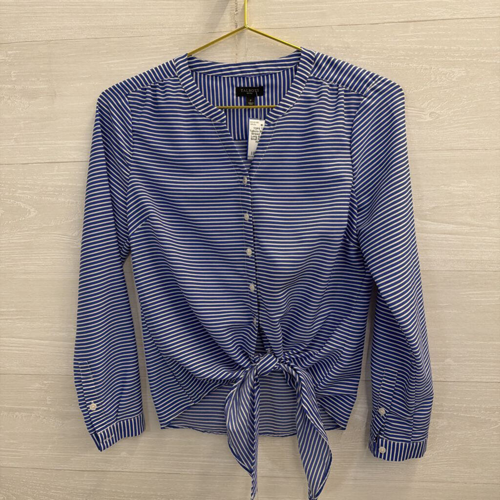 Talbots Blue/ White Striped Tie Front Long Sleeve Top Small Petite