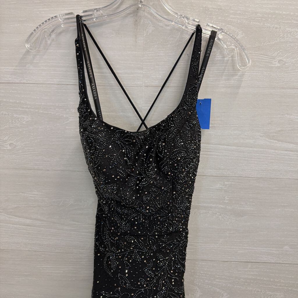 Amarra Black Beaded Sparkle Lace Up Back Long Formal Dress 00
