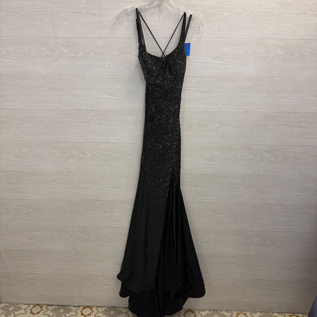 Amarra Black Beaded Sparkle Lace Up Back Long Formal Dress 00