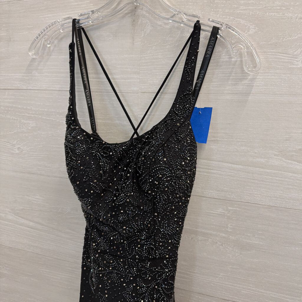 Amarra Black Beaded Sparkle Lace Up Back Long Formal Dress 00