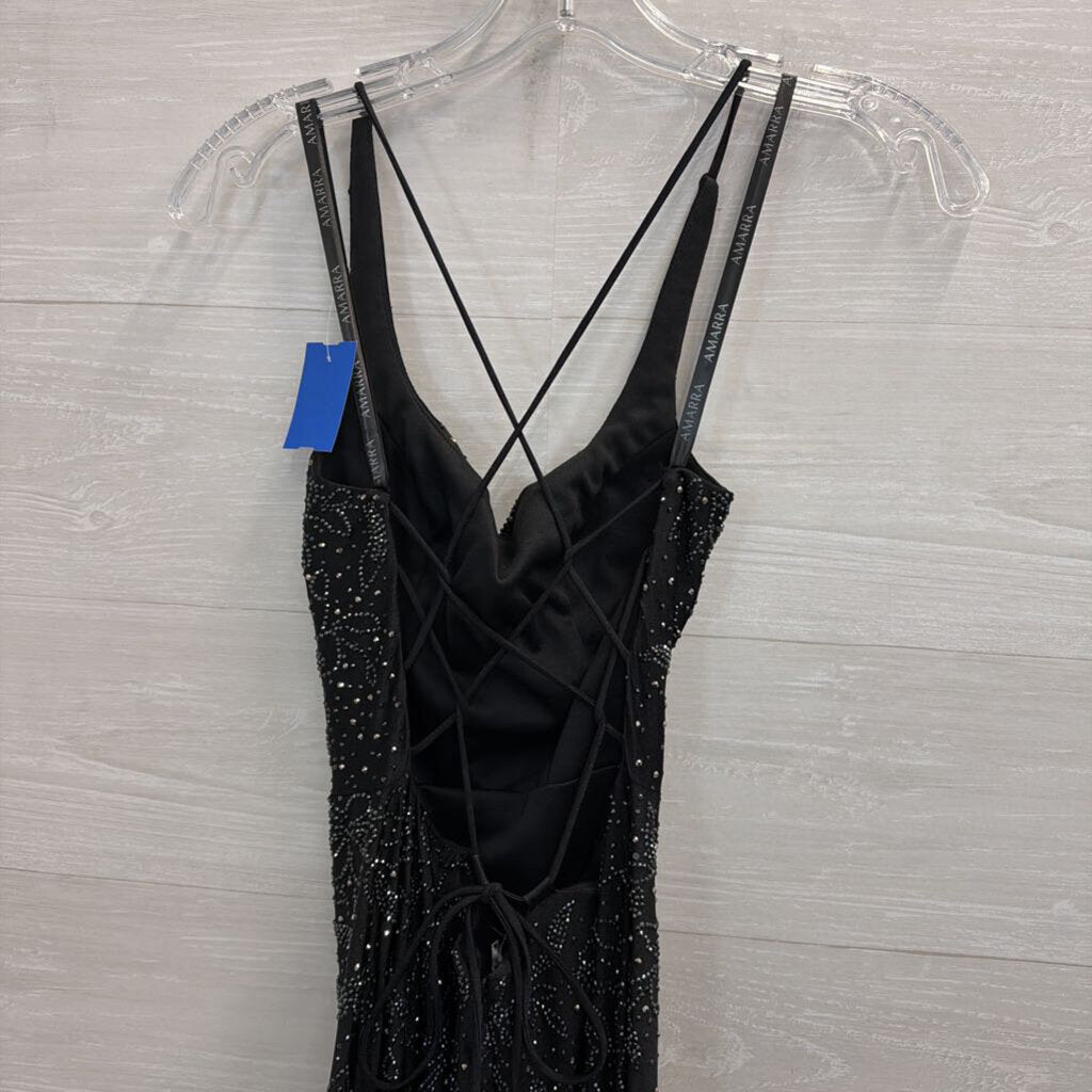 Amarra Black Beaded Sparkle Lace Up Back Long Formal Dress 00
