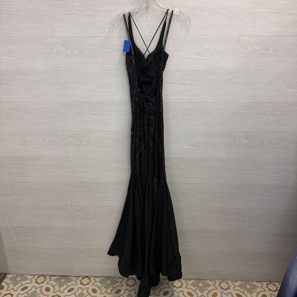 Amarra Black Beaded Sparkle Lace Up Back Long Formal Dress 00