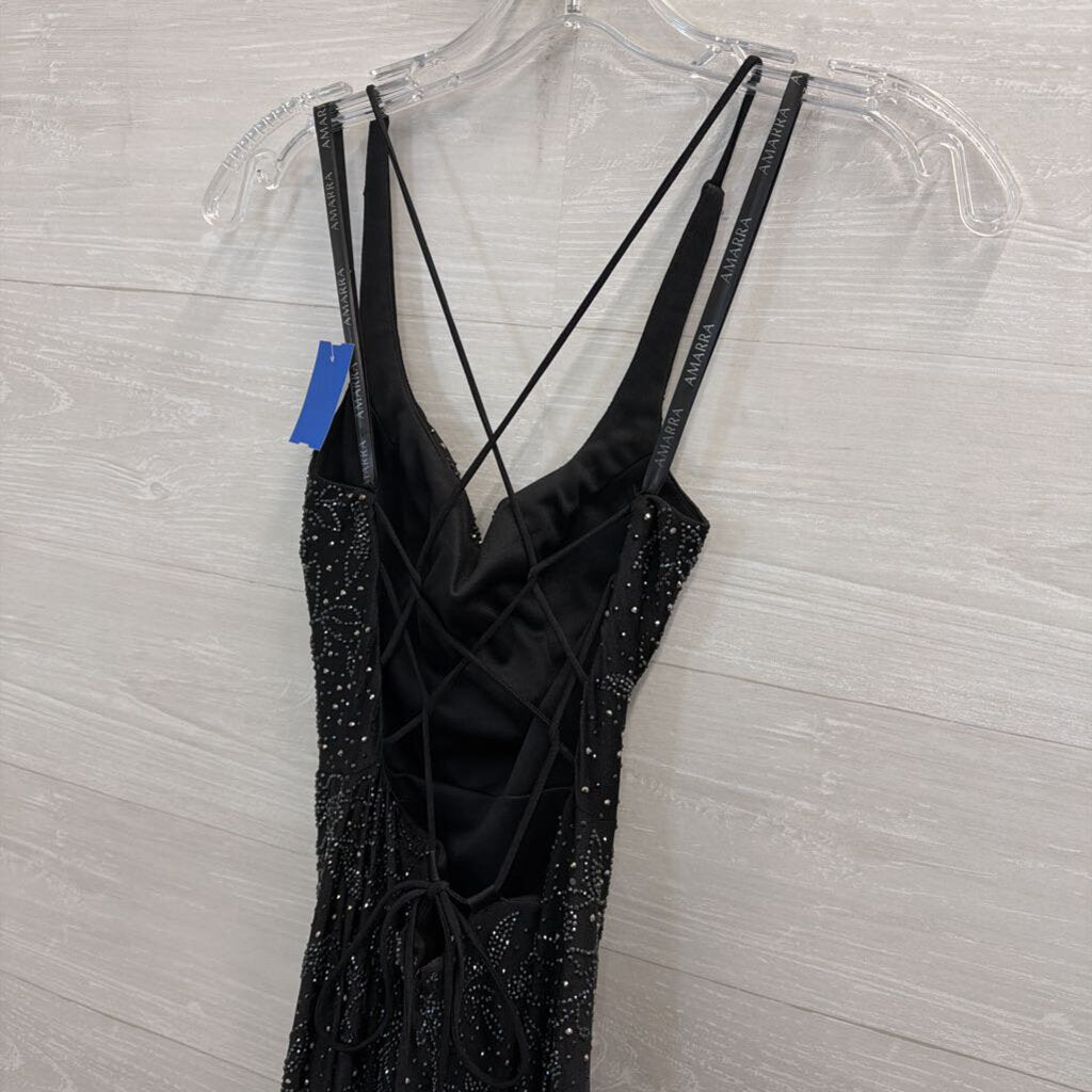 Amarra Black Beaded Sparkle Lace Up Back Long Formal Dress 00