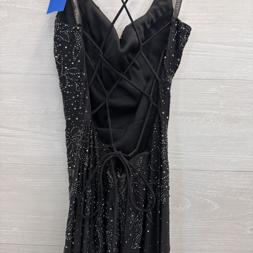 Amarra Black Beaded Sparkle Lace Up Back Long Formal Dress 00