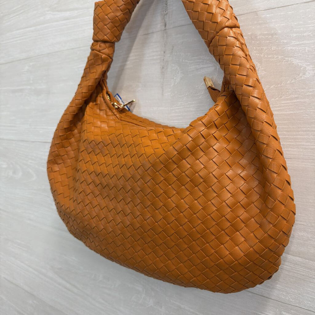 Melie Bianco Brown Woven Leather Shoulder Purse