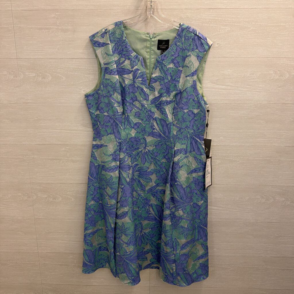 Adrianna Papell Blue/ Green Textured Floral Print Short Formal Dress 16