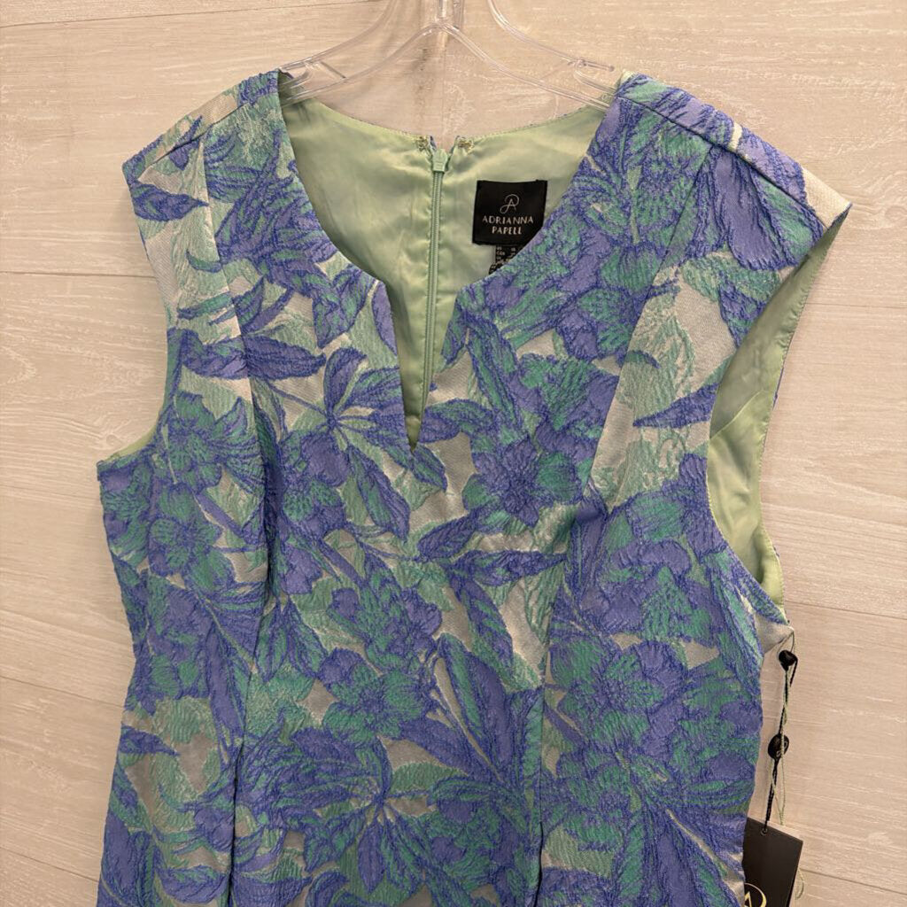 Adrianna Papell Blue/ Green Textured Floral Print Short Formal Dress 16