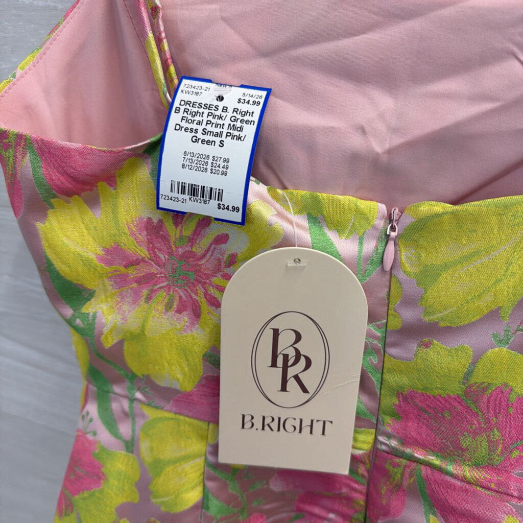 B Right Pink/ Green Floral Print Midi Dress Small