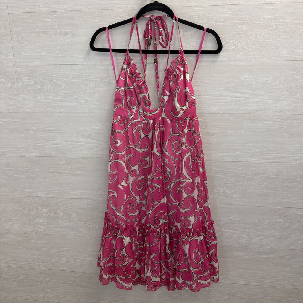 Milly Pink/ White Print 100% Cotton Halter Dress 2