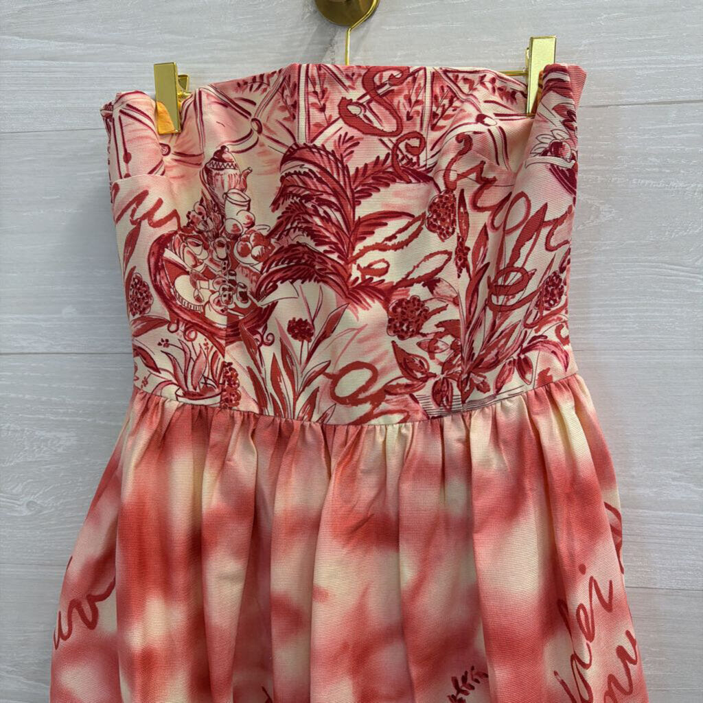 David Meister Red/ White Print Strapless Midi Dress 6