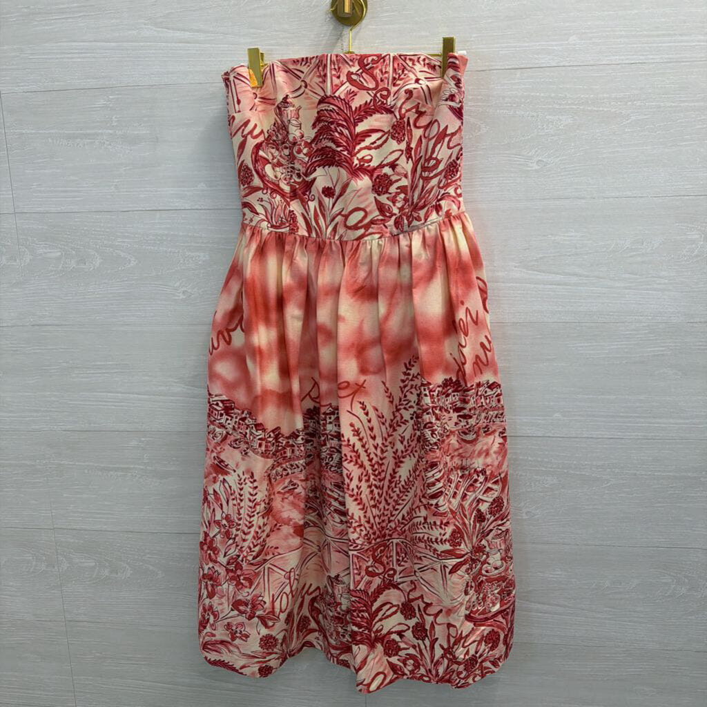 David Meister Red/ White Print Strapless Midi Dress 6