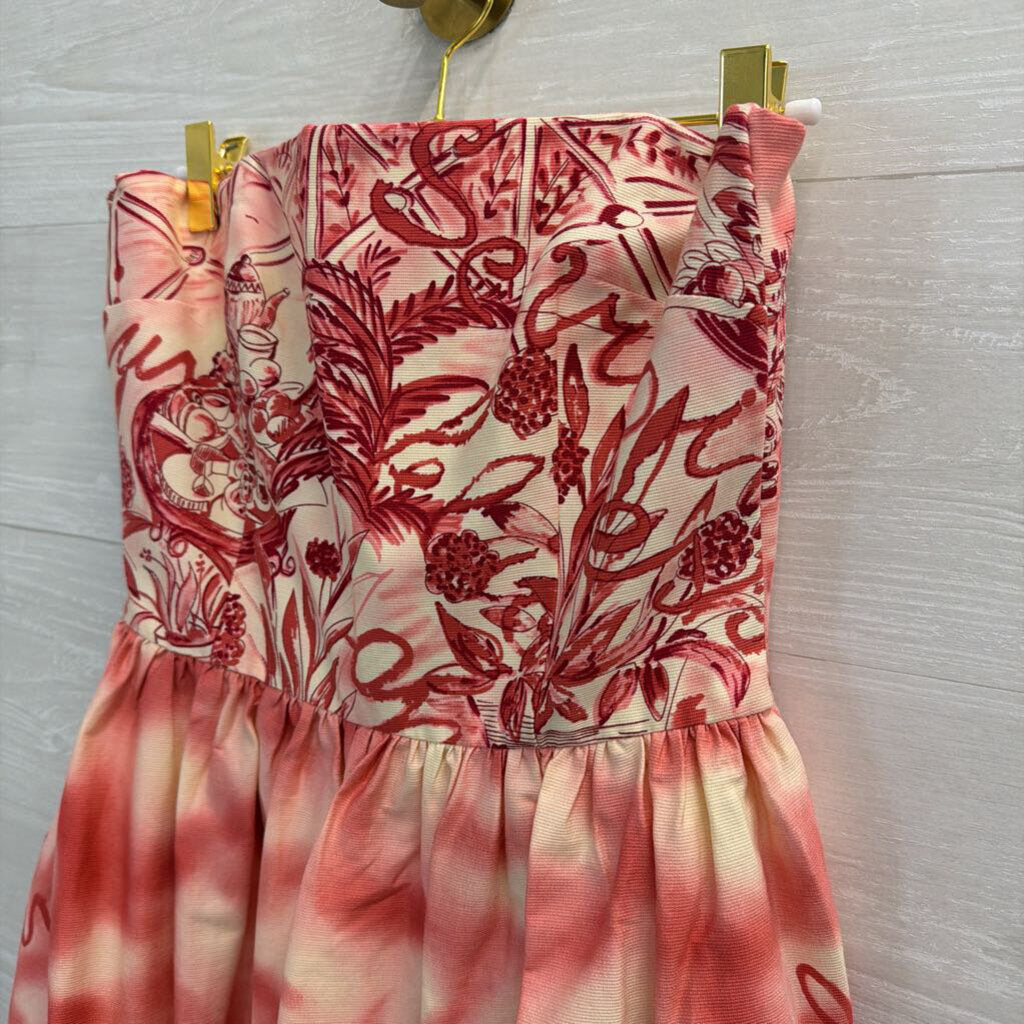 David Meister Red/ White Print Strapless Midi Dress 6