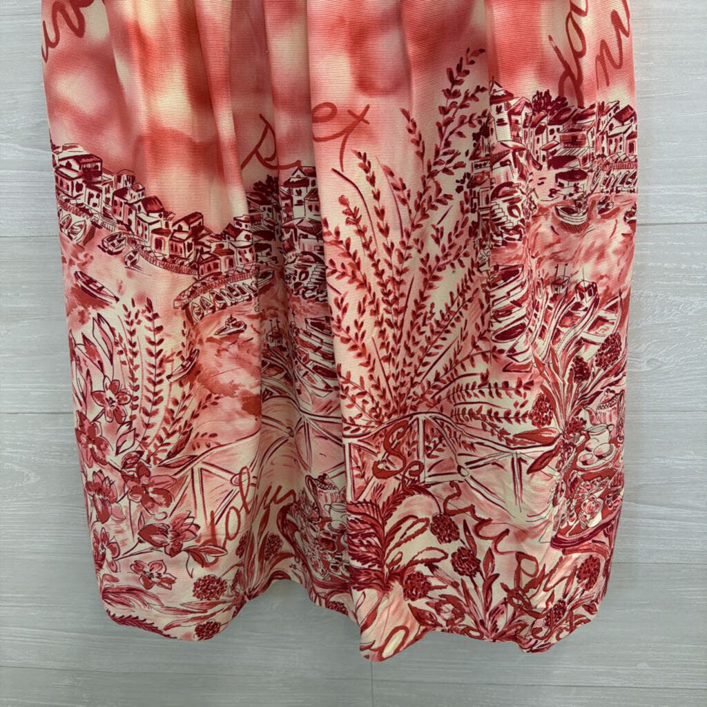 David Meister Red/ White Print Strapless Midi Dress 6