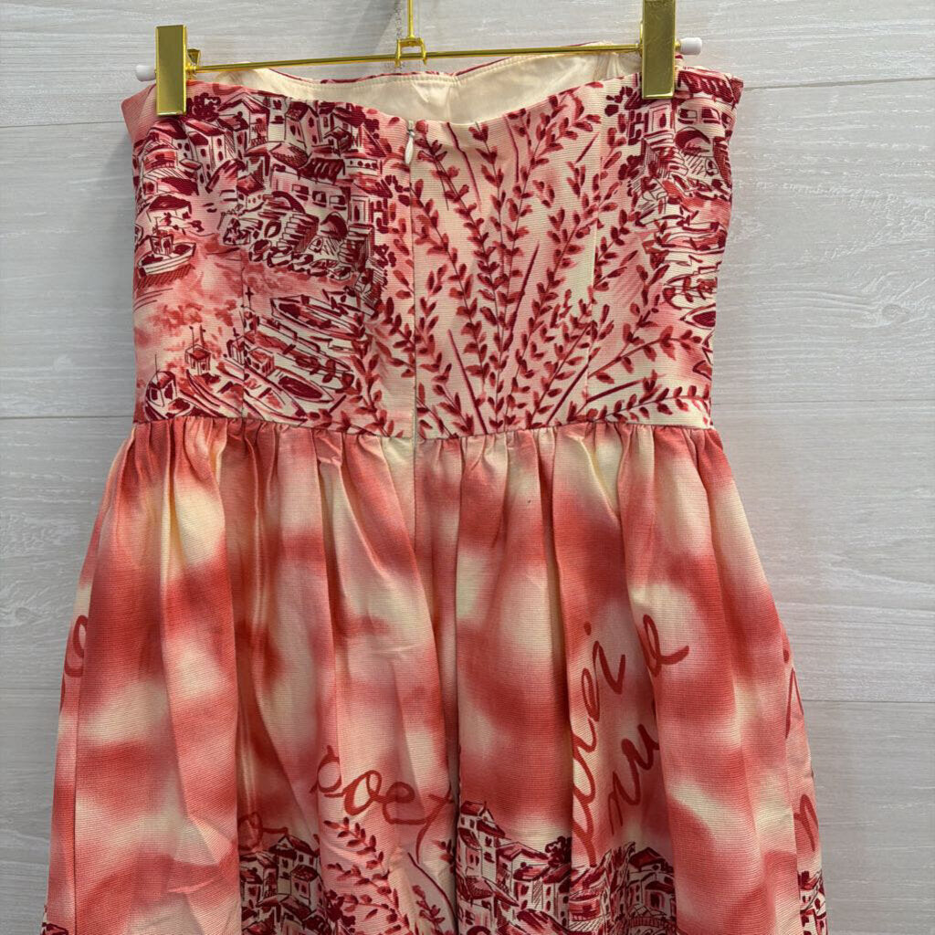 David Meister Red/ White Print Strapless Midi Dress 6