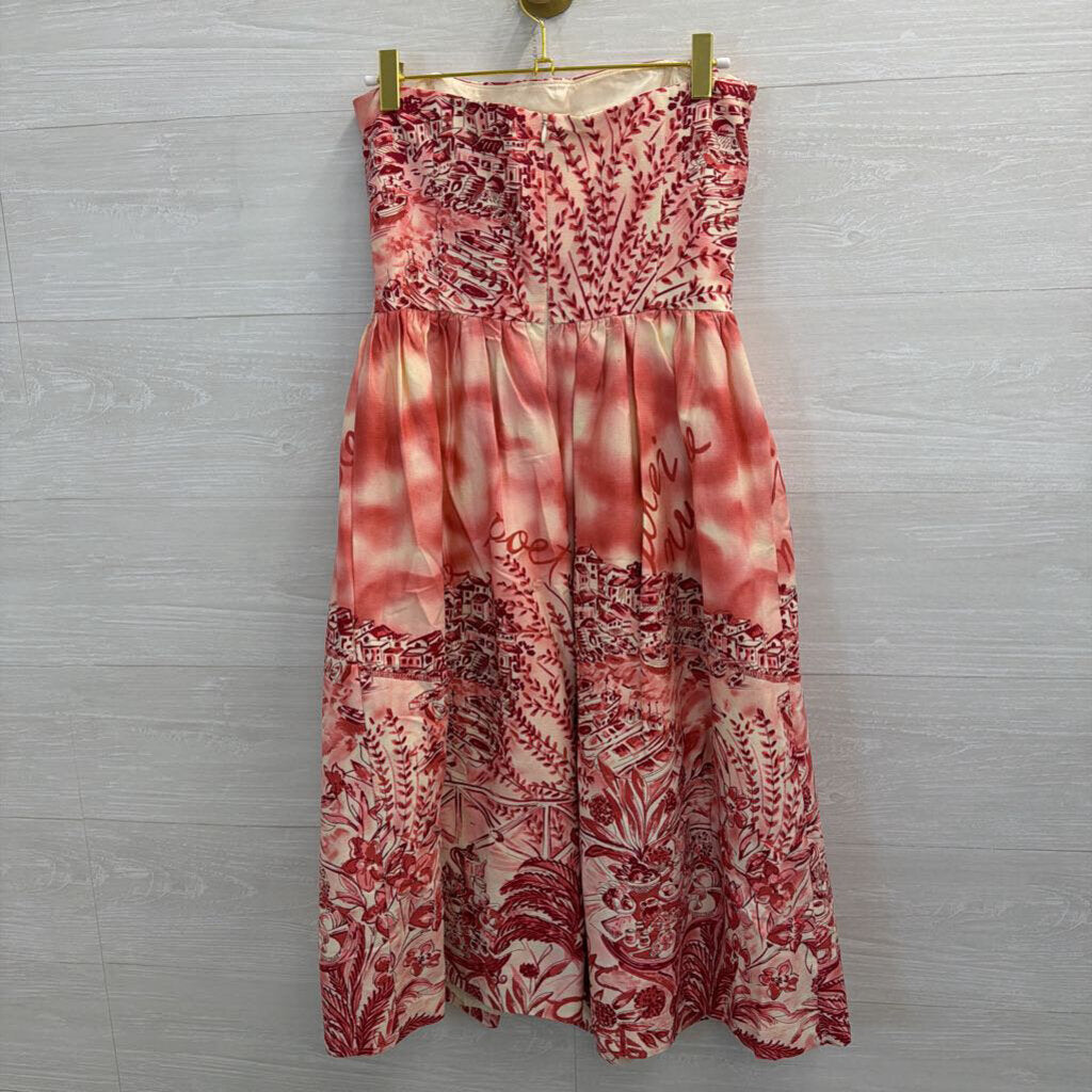 David Meister Red/ White Print Strapless Midi Dress 6