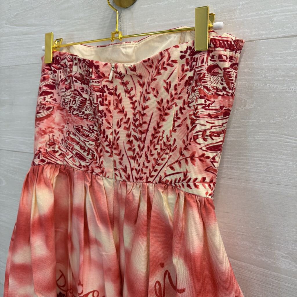 David Meister Red/ White Print Strapless Midi Dress 6