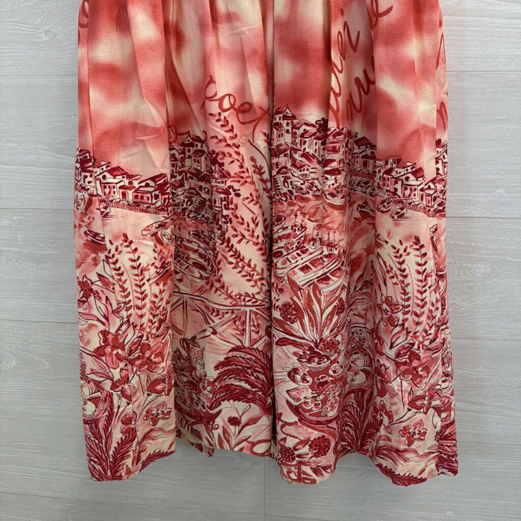 David Meister Red/ White Print Strapless Midi Dress 6
