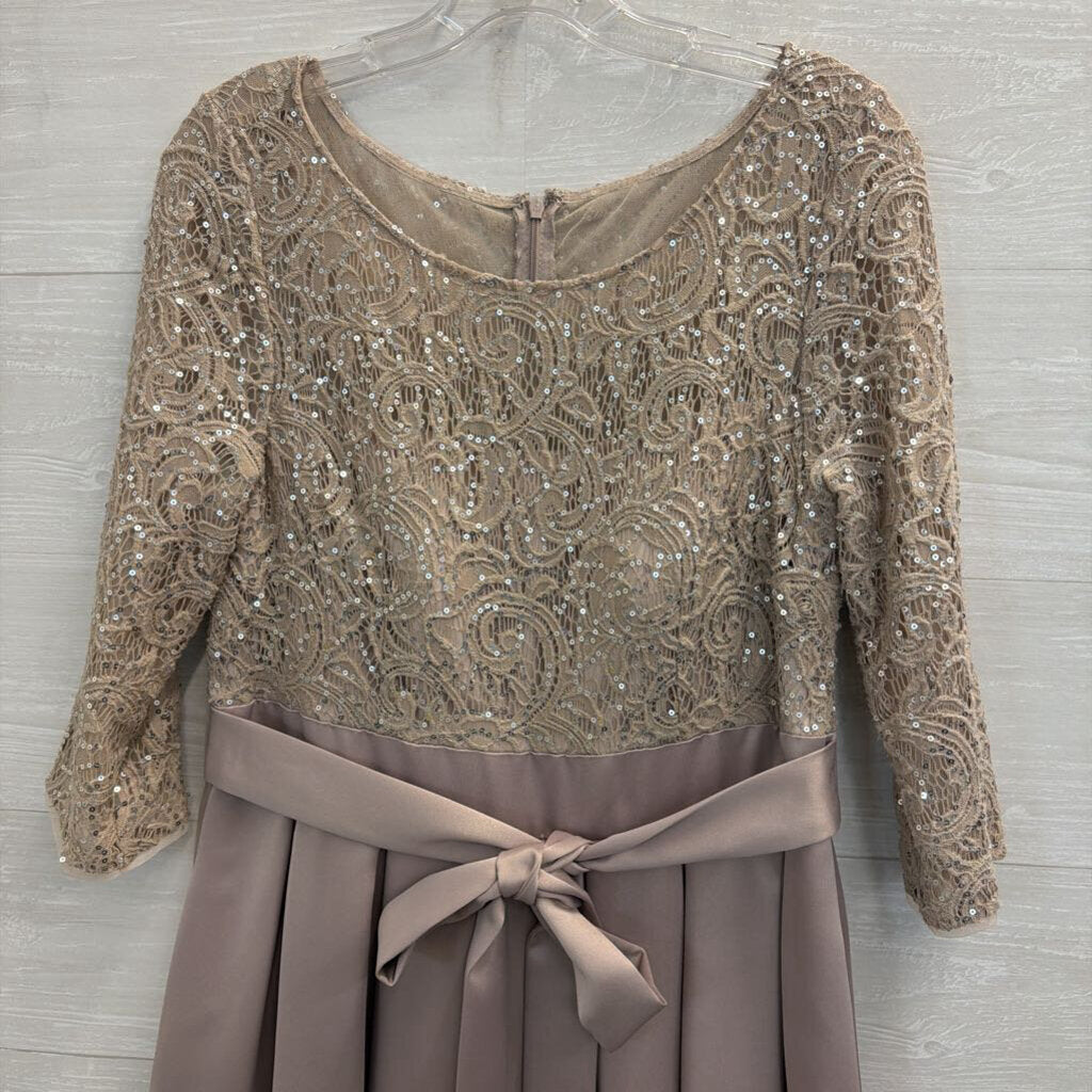 Alex Evenings Taupe Lace Long Sleeve Satin Skirt Hi Low Formal Dress 8 Petite
