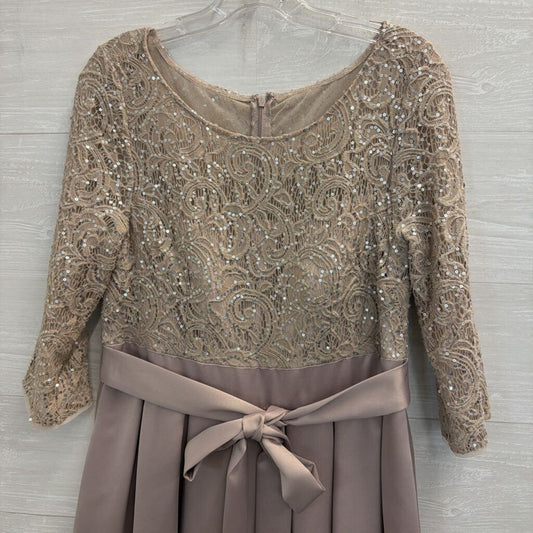 Alex Evenings Taupe Lace Long Sleeve Satin Skirt Hi Low Formal Dress 8 Petite