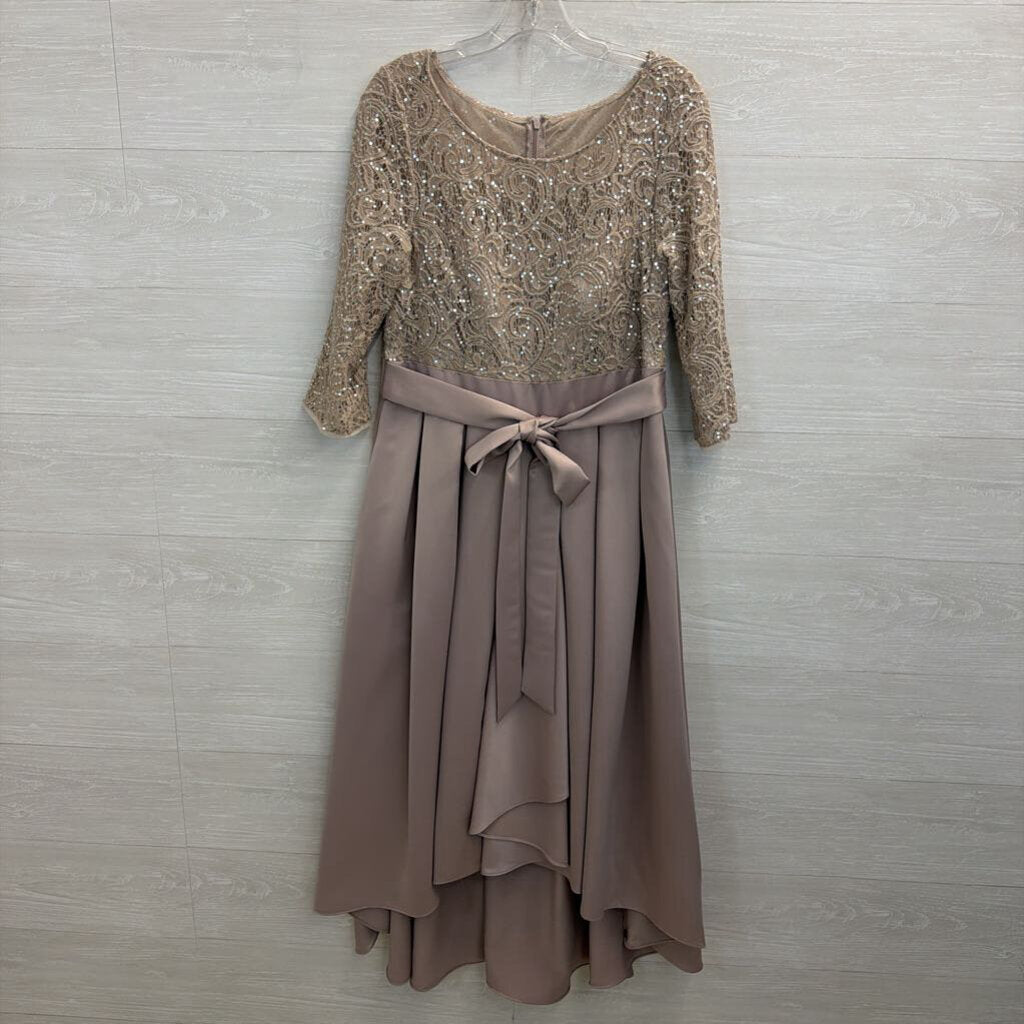 Alex Evenings Taupe Lace Long Sleeve Satin Skirt Hi Low Formal Dress 8 Petite