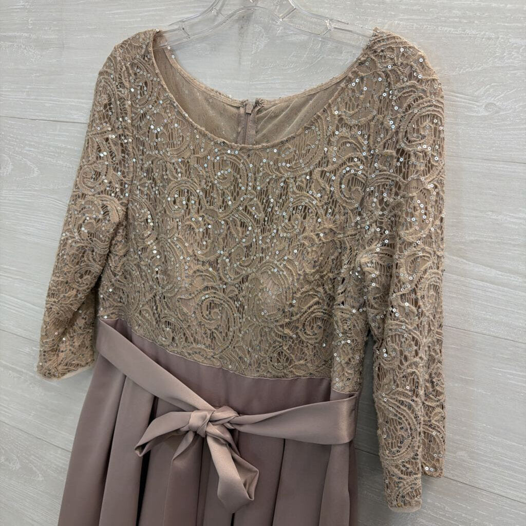 Alex Evenings Taupe Lace Long Sleeve Satin Skirt Hi Low Formal Dress 8 Petite