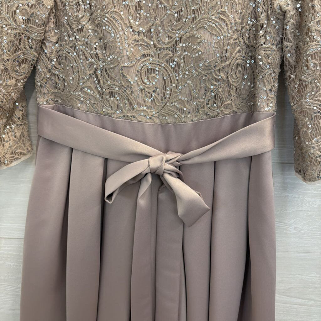 Alex Evenings Taupe Lace Long Sleeve Satin Skirt Hi Low Formal Dress 8 Petite