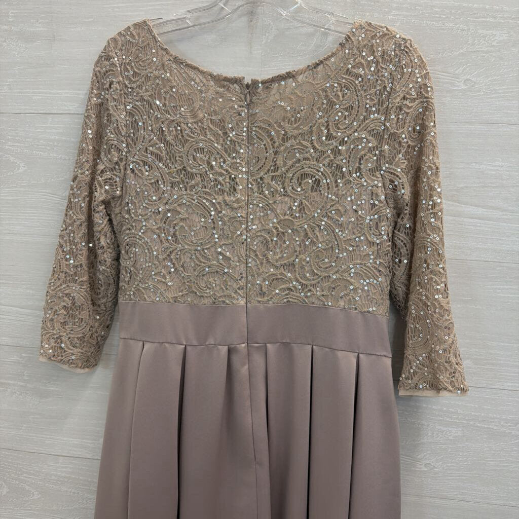 Alex Evenings Taupe Lace Long Sleeve Satin Skirt Hi Low Formal Dress 8 Petite