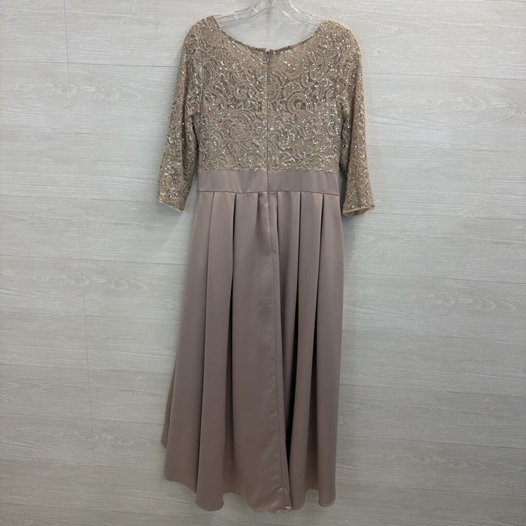 Alex Evenings Taupe Lace Long Sleeve Satin Skirt Hi Low Formal Dress 8 Petite