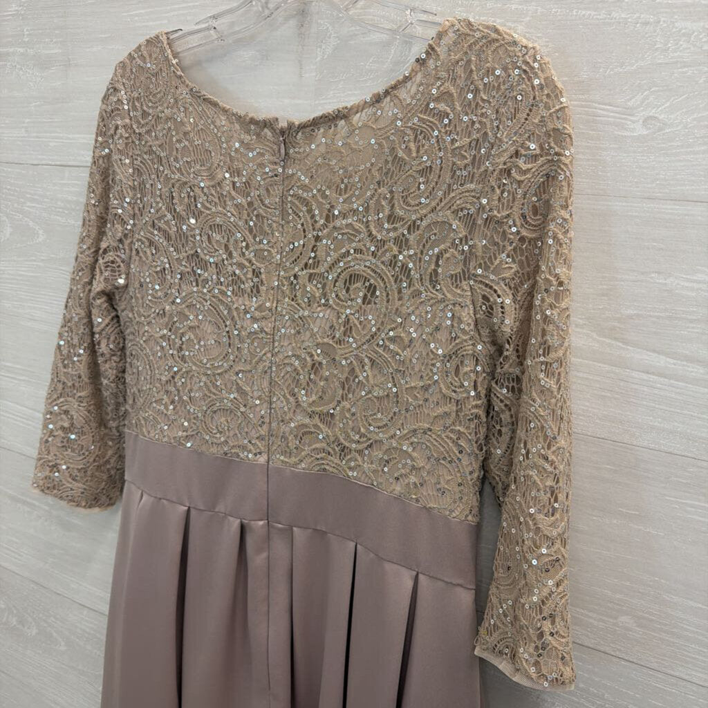Alex Evenings Taupe Lace Long Sleeve Satin Skirt Hi Low Formal Dress 8 Petite