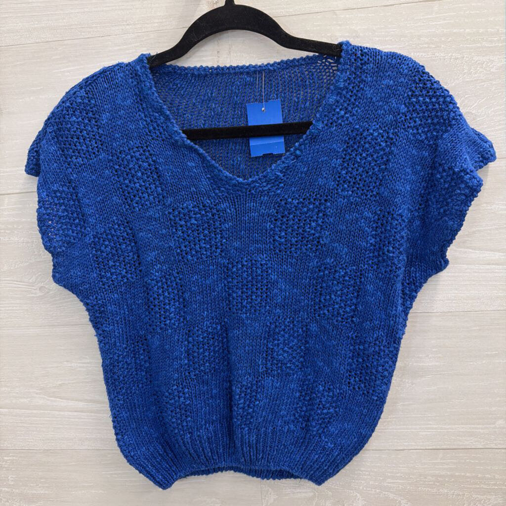Vintage Blue Knit Cropped Short Sleeve Sweater Top Small