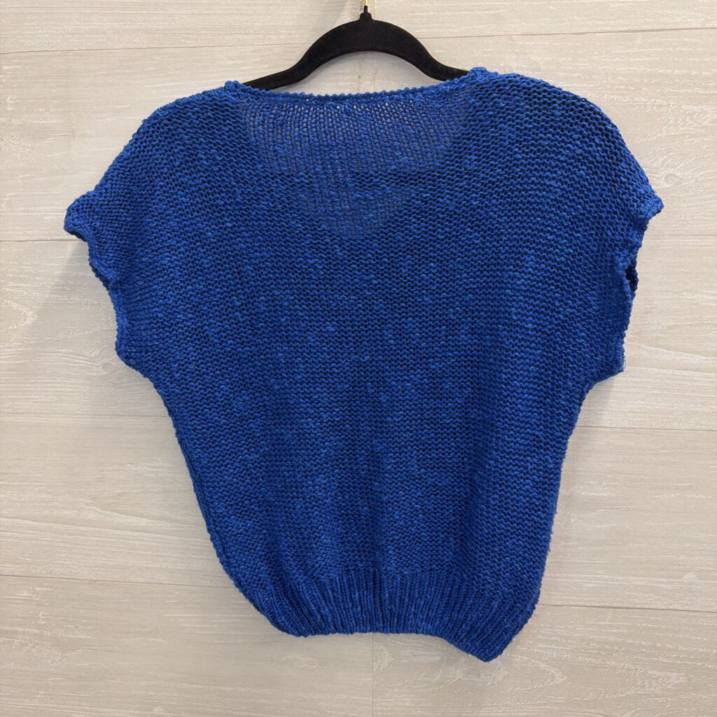 Vintage Blue Knit Cropped Short Sleeve Sweater Top Small