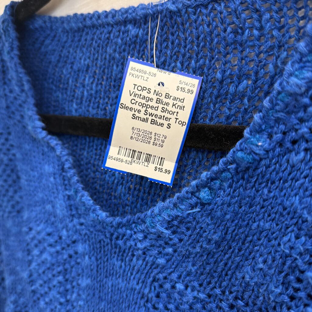 Vintage Blue Knit Cropped Short Sleeve Sweater Top Small