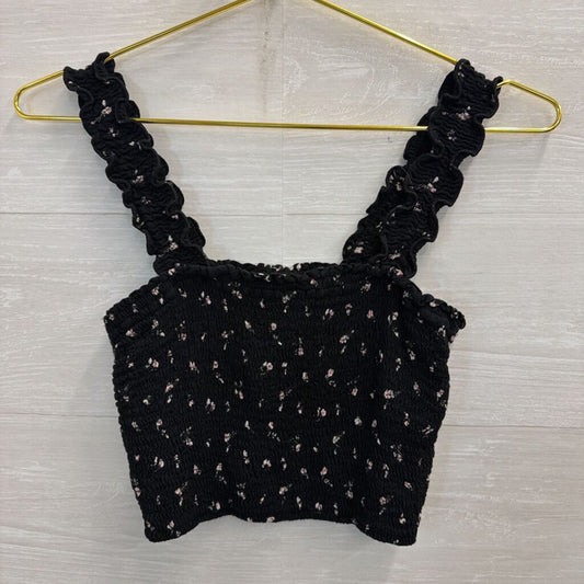 Hollister Black/ Multi Floral Print Cropped Smocked Top Medium