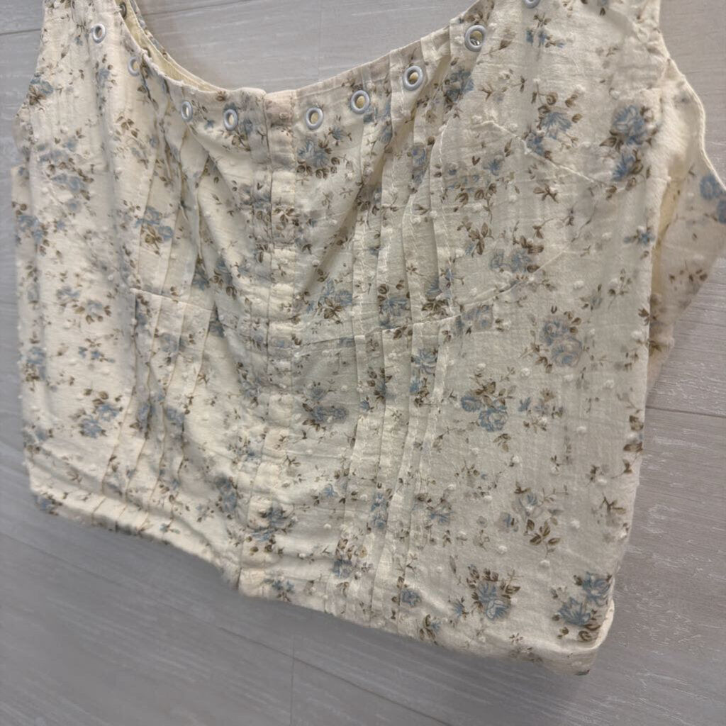 Creamon White/ Blue Floral Print Cropped Tank Top Medium