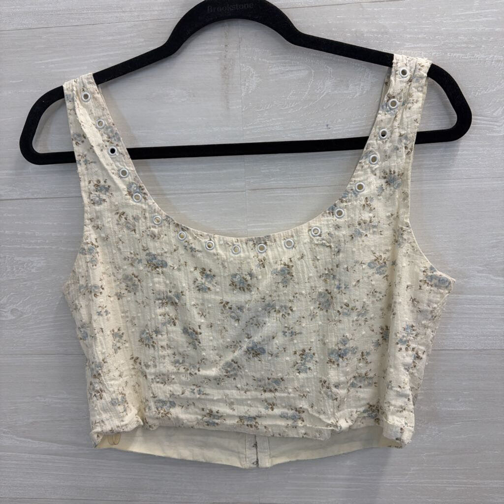 Creamon White/ Blue Floral Print Cropped Tank Top Medium