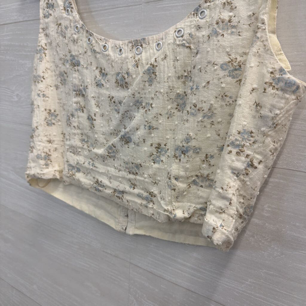Creamon White/ Blue Floral Print Cropped Tank Top Medium