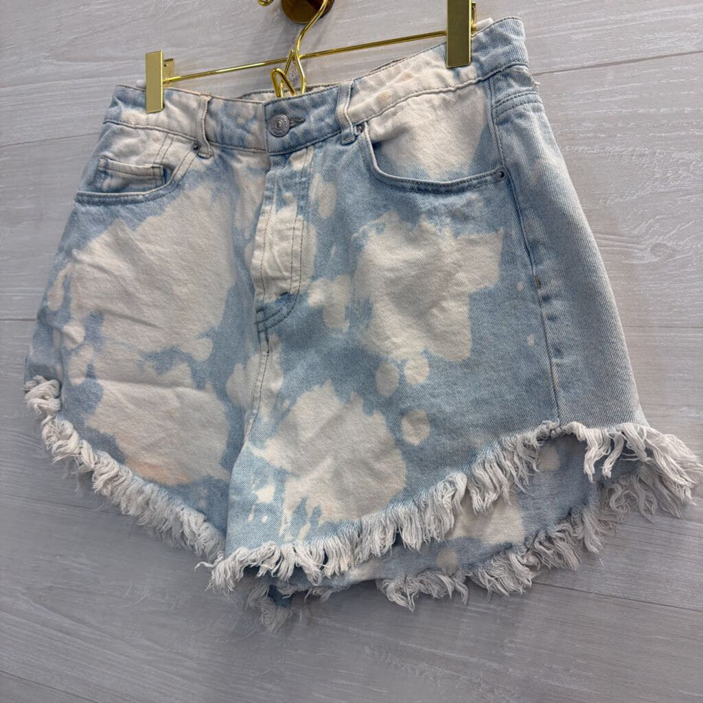 Blue/ Cream Acid Wash Frayed Hem Jean Shorts 6