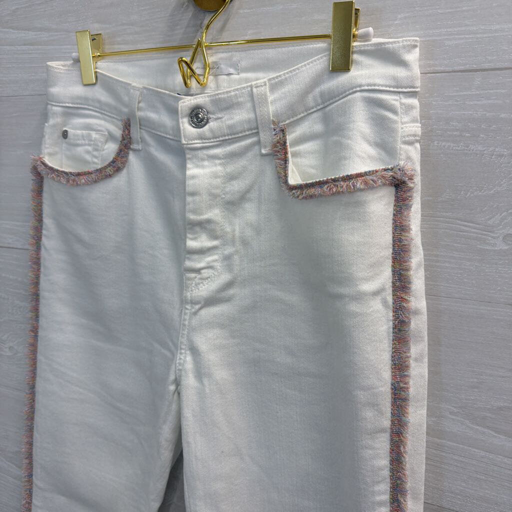 7 For All Mankind White/ Multi Color Frayed Fringe Skinny Leg Jeans 29