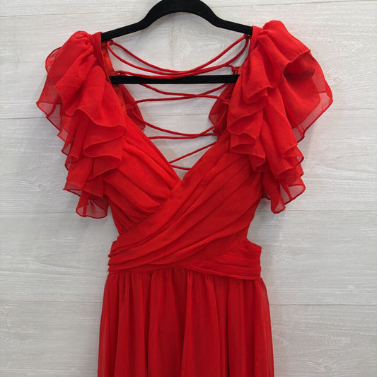 Altar'd State Red Ruffle Sleeve Lace Up Back Chiffon Maxi Dress Small