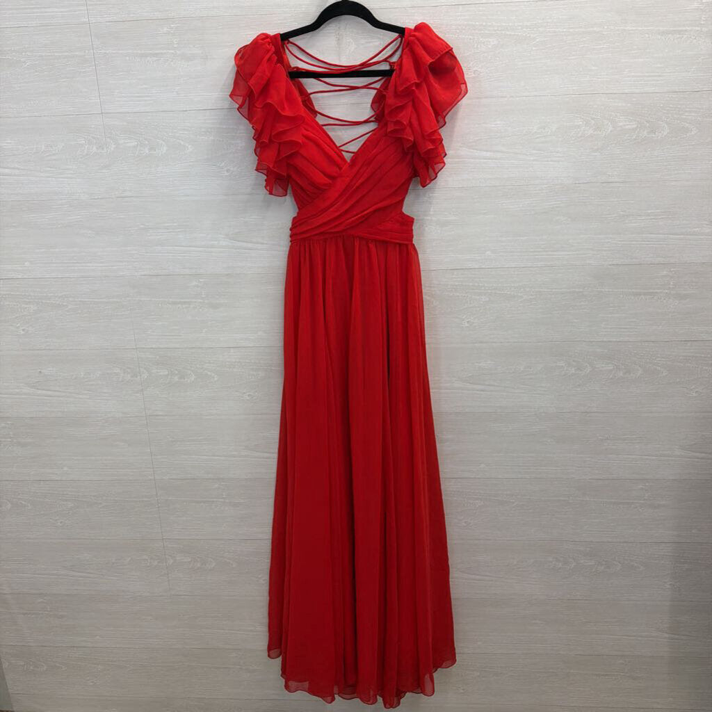 Altar'd State Red Ruffle Sleeve Lace Up Back Chiffon Maxi Dress Small