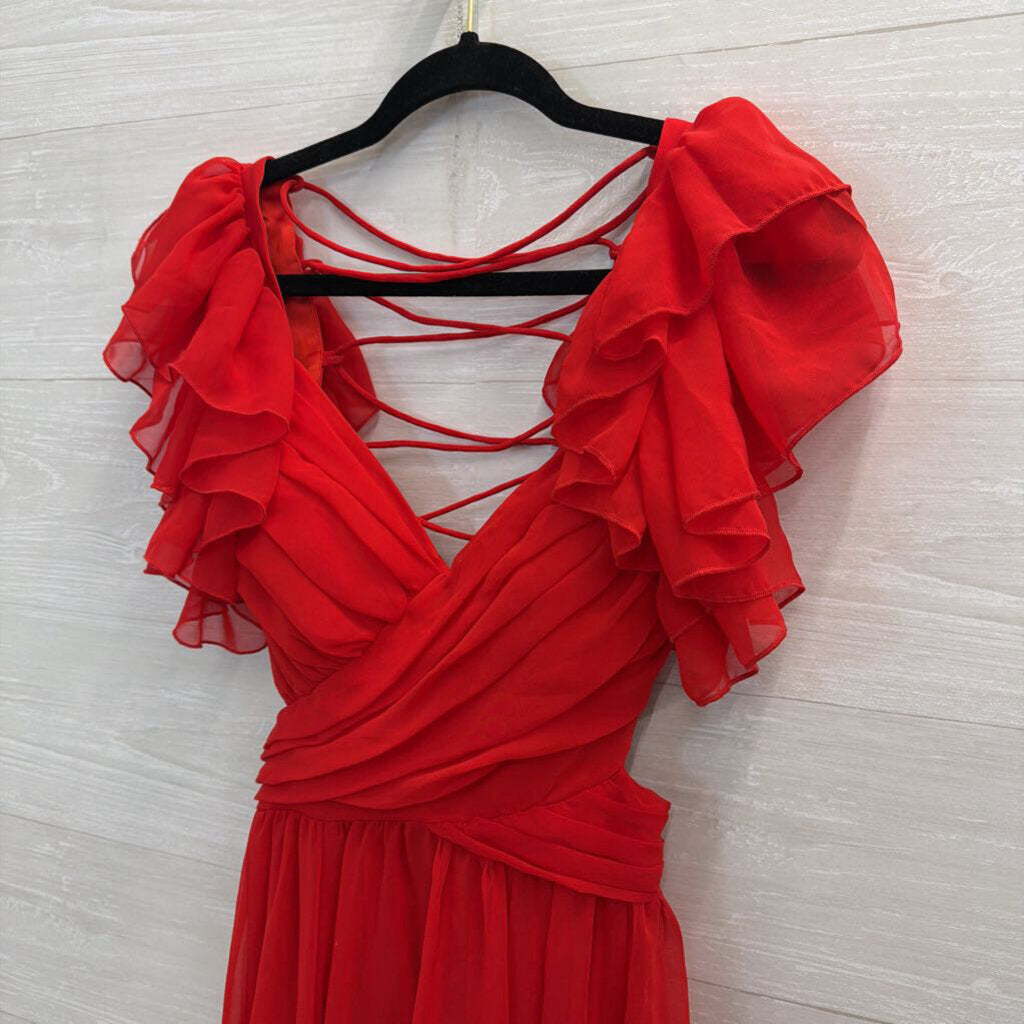 Altar'd State Red Ruffle Sleeve Lace Up Back Chiffon Maxi Dress Small