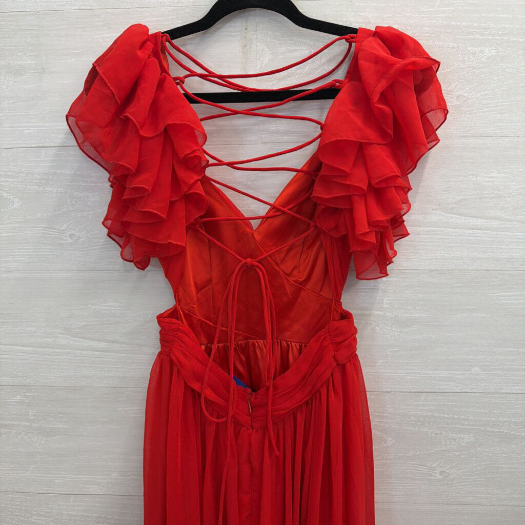 Altar'd State Red Ruffle Sleeve Lace Up Back Chiffon Maxi Dress Small
