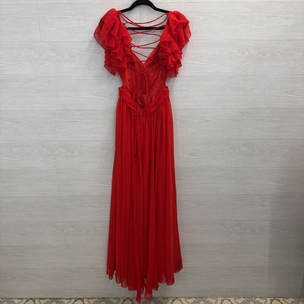 Altar'd State Red Ruffle Sleeve Lace Up Back Chiffon Maxi Dress Small