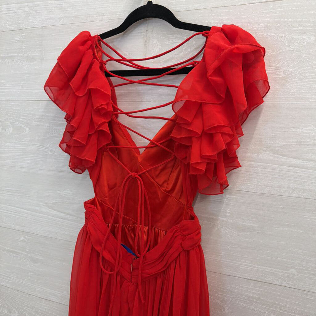 Altar'd State Red Ruffle Sleeve Lace Up Back Chiffon Maxi Dress Small